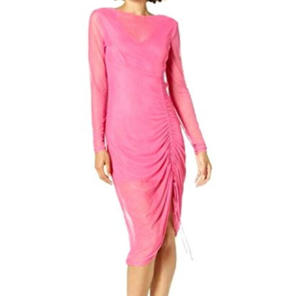 BEBE LONG SLEEVE MESH RUCHED DRESS